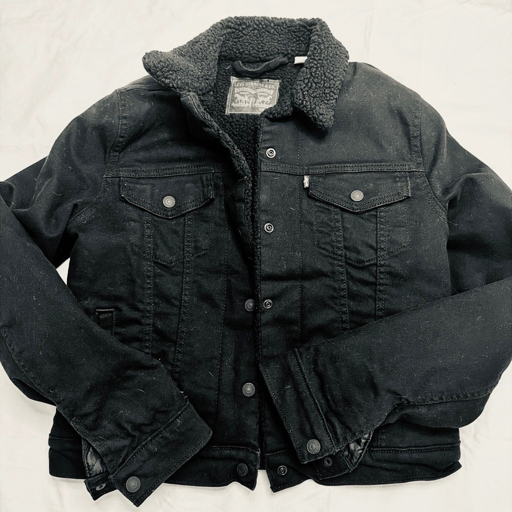 Levis Womens Sherpa Lined Trucker Jacket Black Denim Coat Size Medium